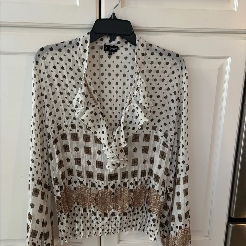 Grege Ruffled blouse Long Bell Sleeve Size 3 Women's Medium sheer beautiful. - Picture 1 of 9